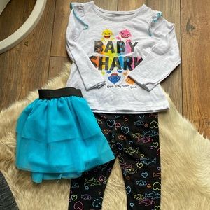 Baby Shark 3 Piece Set, Baby Girl, Pants, Long Sleeve w/ Tulle Skirt, Size 18 M